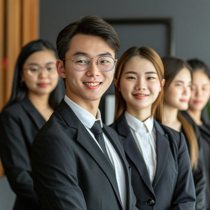 Group of Asian business people smiling and looking at camera in office.