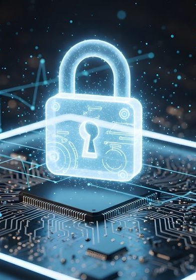Cyber security concept with circuit board and padlock hologram 3D rendering