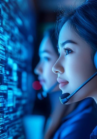 Portrait of call center or customer support agent in headset working at customer support office. Operator service business representative concept.