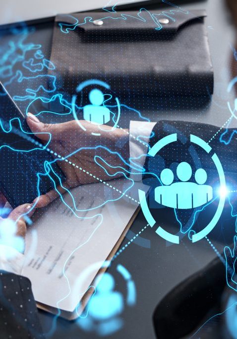 Businesswoman using phone, work in modern office on new project. Double exposure. Concept of success. Social network hologram.