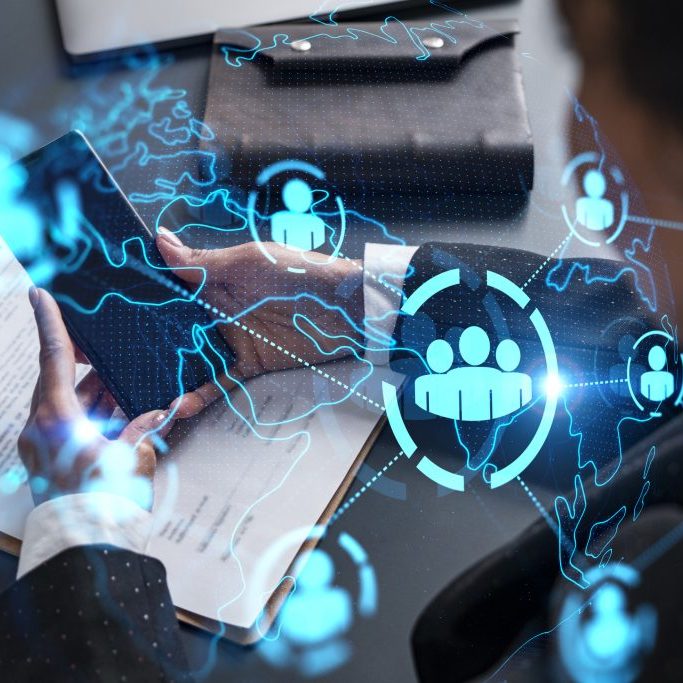 Businesswoman using phone, work in modern office on new project. Double exposure. Concept of success. Social network hologram.
