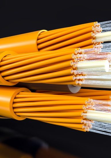 orange fibre optic cable detail on black background. 3d render